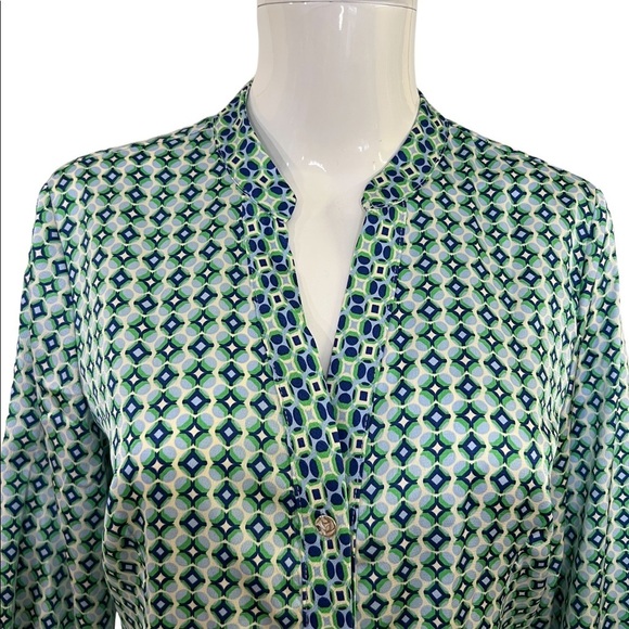 Zara Women Size M Blouse Collarless Long Sleeve Shirt Blue Green Geometric New - Picture 10 of 13